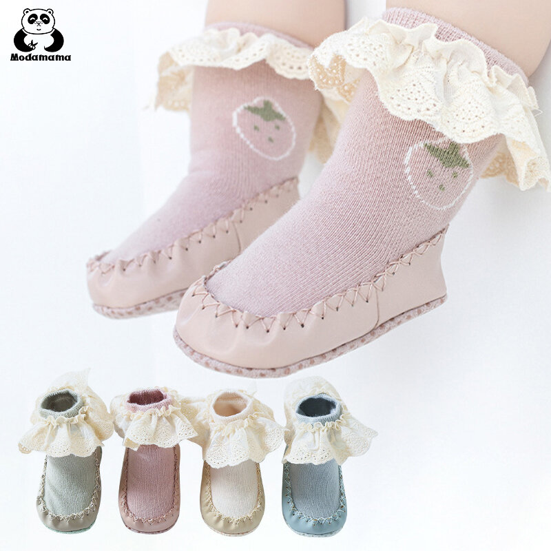 Modamama jesienno-zimowa skarpetki podłogowe dla dzieci jednokolorowe dziewczynek koronkowe skarpetki podłogowe czesana bawełna dziecięce antypoślizgowe buty dla małego dziecka skarpetki