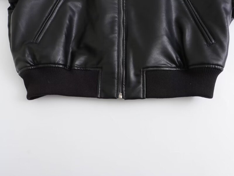 Jaqueta de couro falso feminina, casaco vintage, manga comprida, decoração de bolso com zíper, outerwear feminino, camiseta chique, nova moda