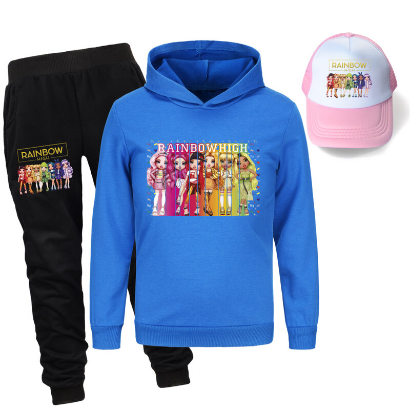 Rainbow High Boys Girls Tracksuit Kids Long Sleeve Hoody+ Pants Set Spring Autumn Children Clothing Infant Sets Sport Suits+cap