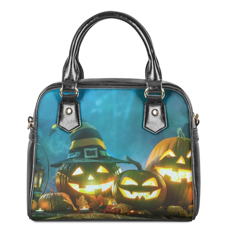 Tas selempang motif pola labu kartun Halloween untuk wanita tas bahu belanja kasual kulit tas pesta hadiah liburan