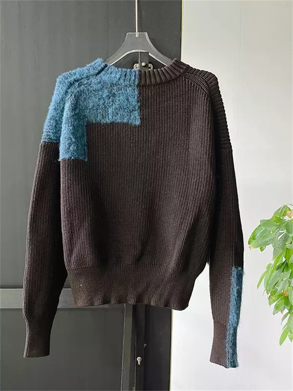 Женский жаккардовый свитер контрастной расцветки, повседневный трикотажный джемпер с круглым вырезом и длинным рукавом, новинка 2024