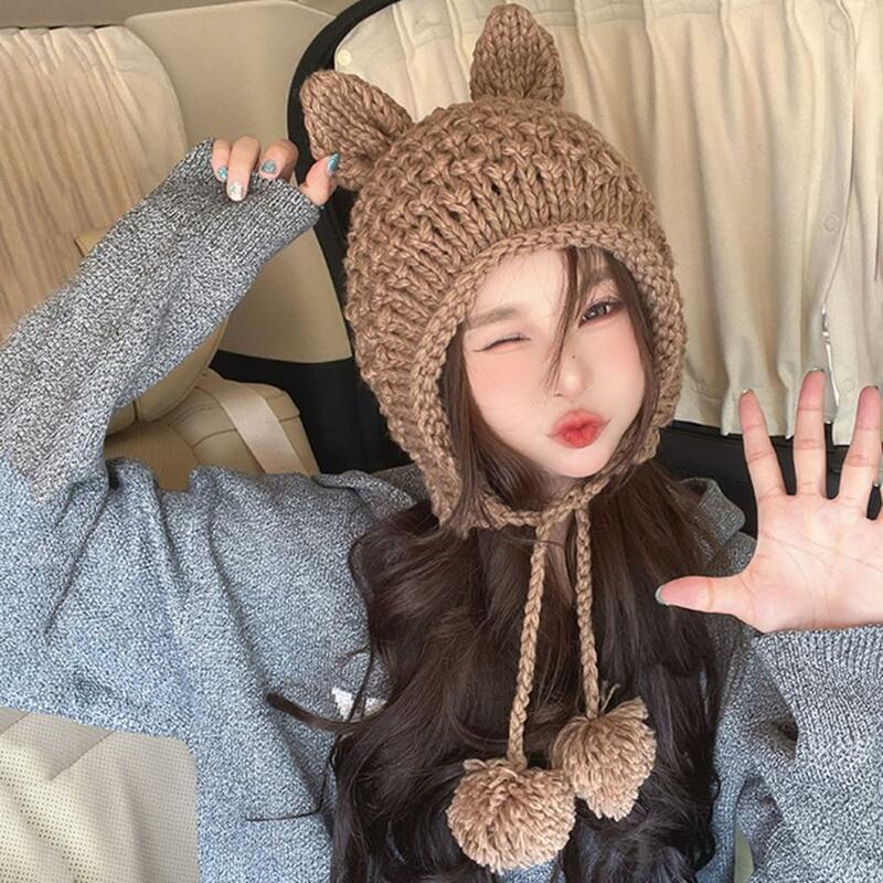 Knitted Hat Long-lasting Hat Warm Cozy Women's Winter Hat with Plush Ball Decor Cartoon Bunny Ear Design Soft Elastic for Ear