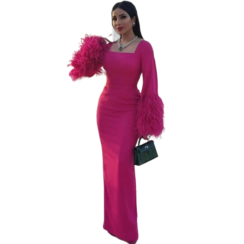 Женское вечернее платье с юбкой годе, розово-красное платье с квадратным вырезом, длинным рукавом и перьями, элегантное и движущееся платье для торжественных случаев
