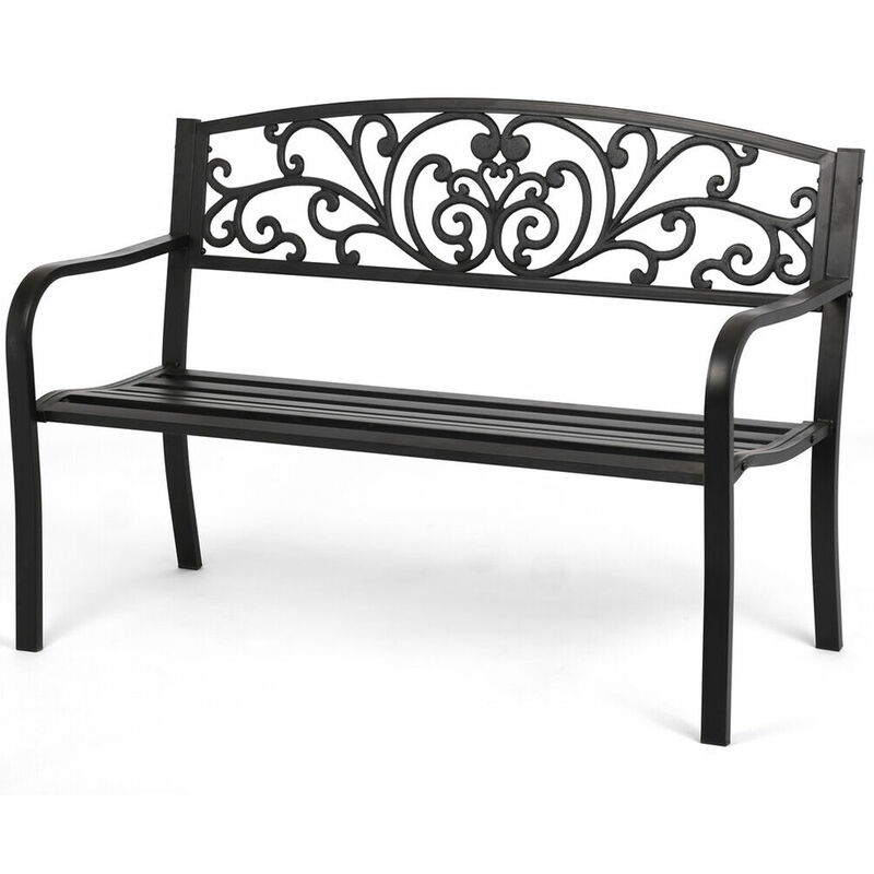 New Patio Park Garden Bench Porch Path Chair Outdoor Deck Steel Frame Bench with Backrest and Armrests for Balcony and Indoor