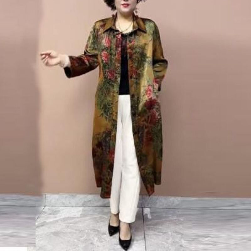 2023 New Autumn Fashion Print Mid Length Button Windbreaker Long Sleeve Temperament Commuter Middle Aged Mom Casual Coat