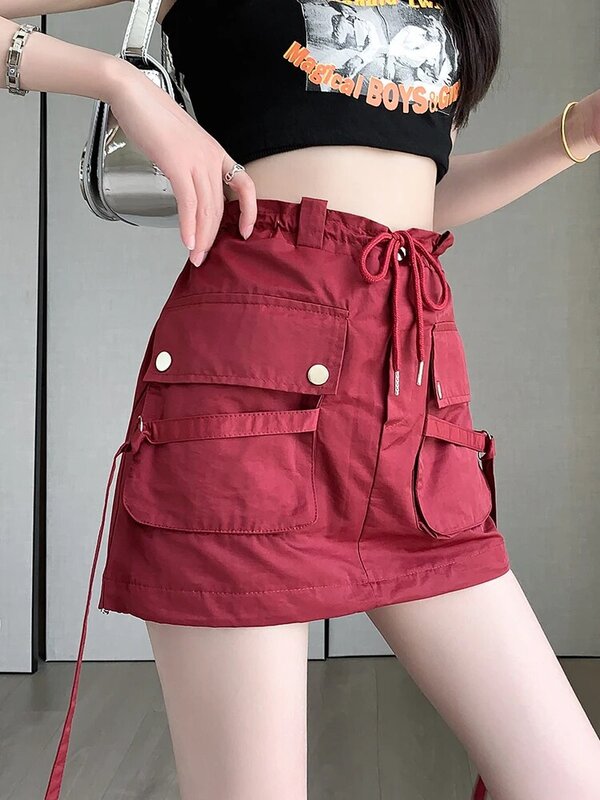 Пикантная красная мини-юбка Hotsweet, юбка-карго с карманами в стиле High Street, дизайнерские облегающие юбки с высокой талией в Корейском стиле для женщин