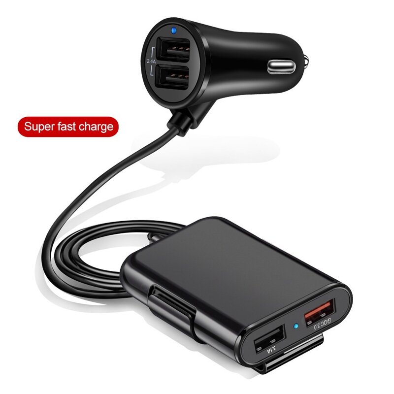 Carregador de Carro USB com Cabo, Carga Rápida, Frente e Traseira, Carregamento Flash, Quatro Portas, QC3.0, 12