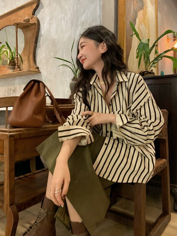French Fashion Versatile Long Sleeved Striped Shirt for Women's Autumn New Design Feeling Lazy Style Top Female Clothing