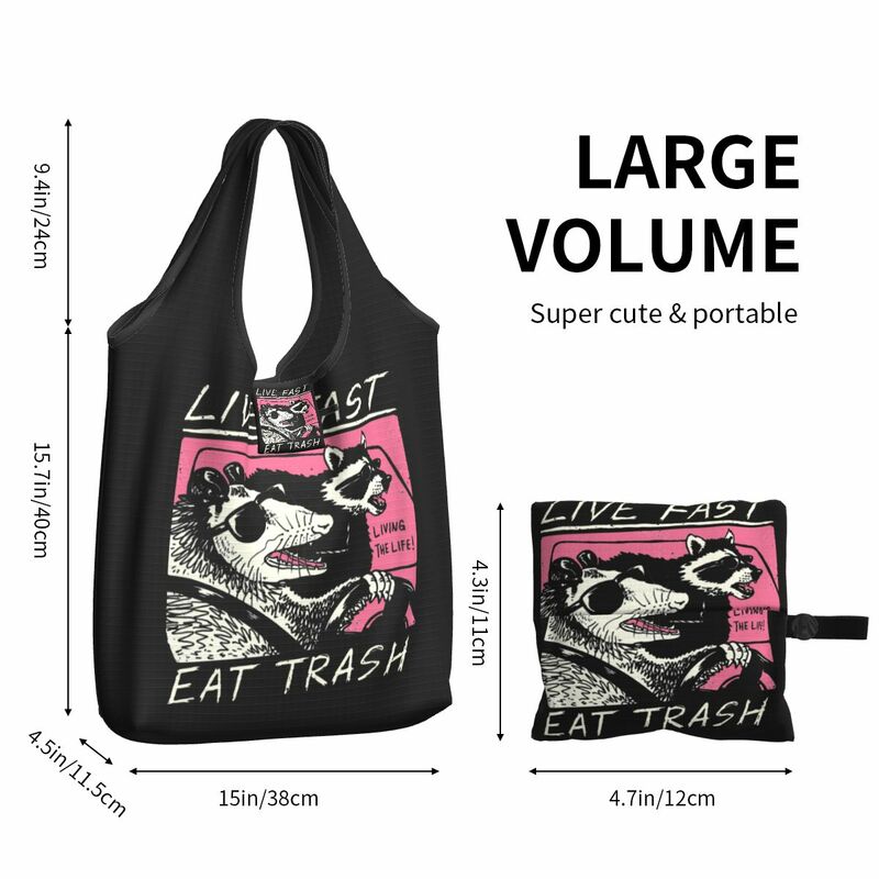 Raccoon Foldable Mercearia Sacolas, Lixo Saco de Compras, Grande Capacidade, Lavável Reciclagem Bolsa, Viver Fast Eat