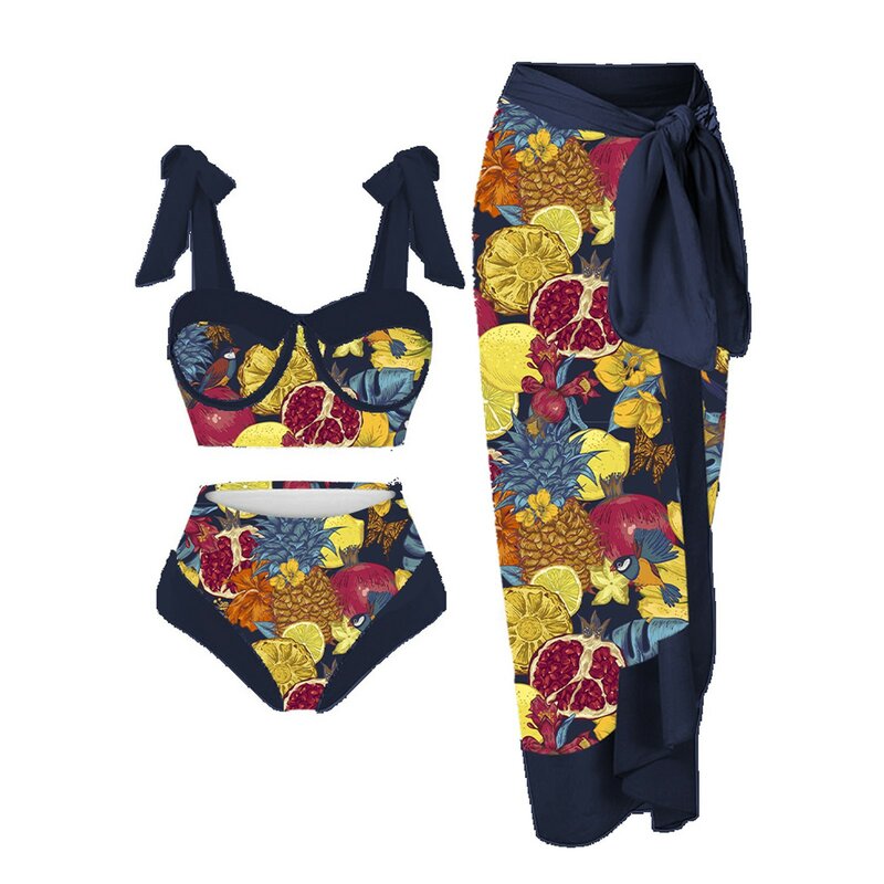 Women's Vintage Colorblock Abstract Floral Printing 2 Piece Swimwear+1 Piece Cover UP Three Pieces Sets Swimsuit Bikini Suits
