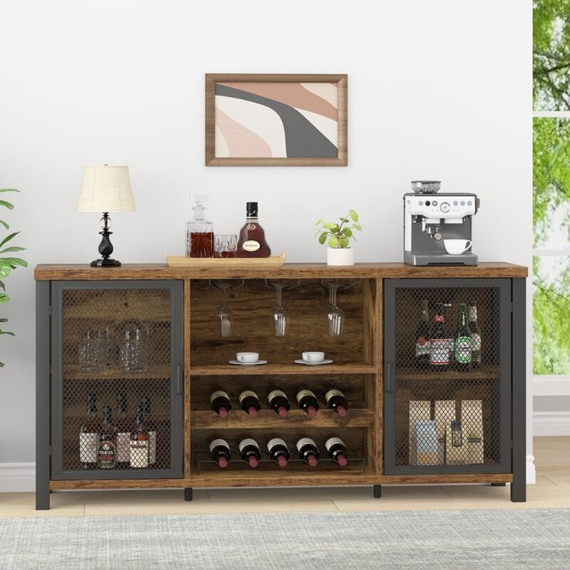 Kabinet Bar anggur untuk minuman keras dan kacamata kabinet prasmanan papan samping logam kayu untuk rumah dapur makan coklat pedesaan tampilan 55 inci