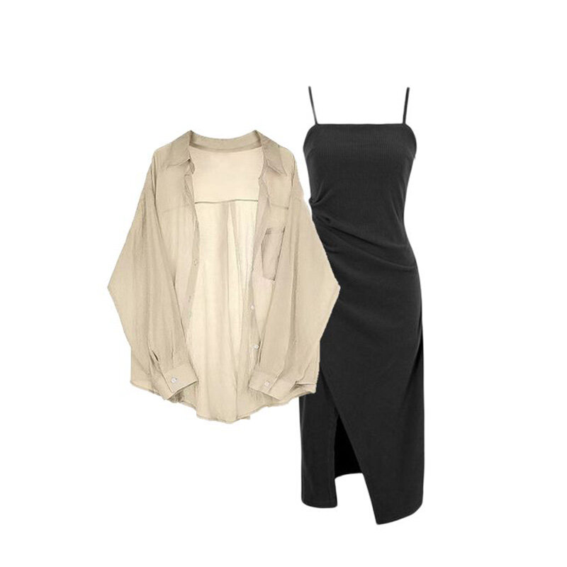 Summer Set for Women in 2024, New Fashionable Oversized Outfit with Sunscreen Chiffon Shirt, Suspender Dress, Two-piece Set