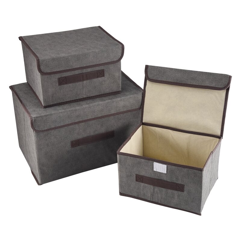 Caixas de armazenamento dobráveis com tampas Cesta de tecido cinza Organizador para Guarda-Roupa, Armário, Prateleira, Pacote 3