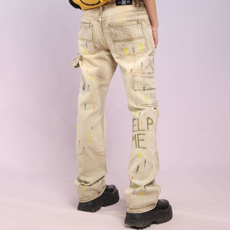 Pantaloni in Denim con lettere ricamate retrò americane da uomo 2023 New High Street Jeans larghi a gamba larga Street Wear pantaloni a gamba dritta