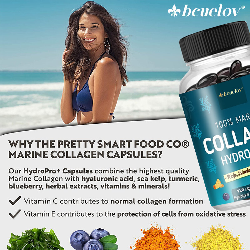 Powerful Marine Collagen - With Hyaluronic Acid, Biotin & Blueberry - 1400mg Complex-Hydrolyzed Type 1-With Vitamins & Minerals