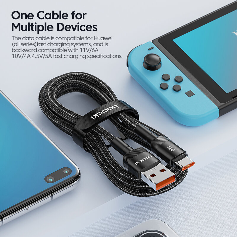 Toocki kabel Data USB Tipe C, kabel USB Tipe C untuk Huawei Honor 100W/66W, pengisi daya cepat, kabel Data USB C untuk Xiaomi Poco Oneplus Samsung