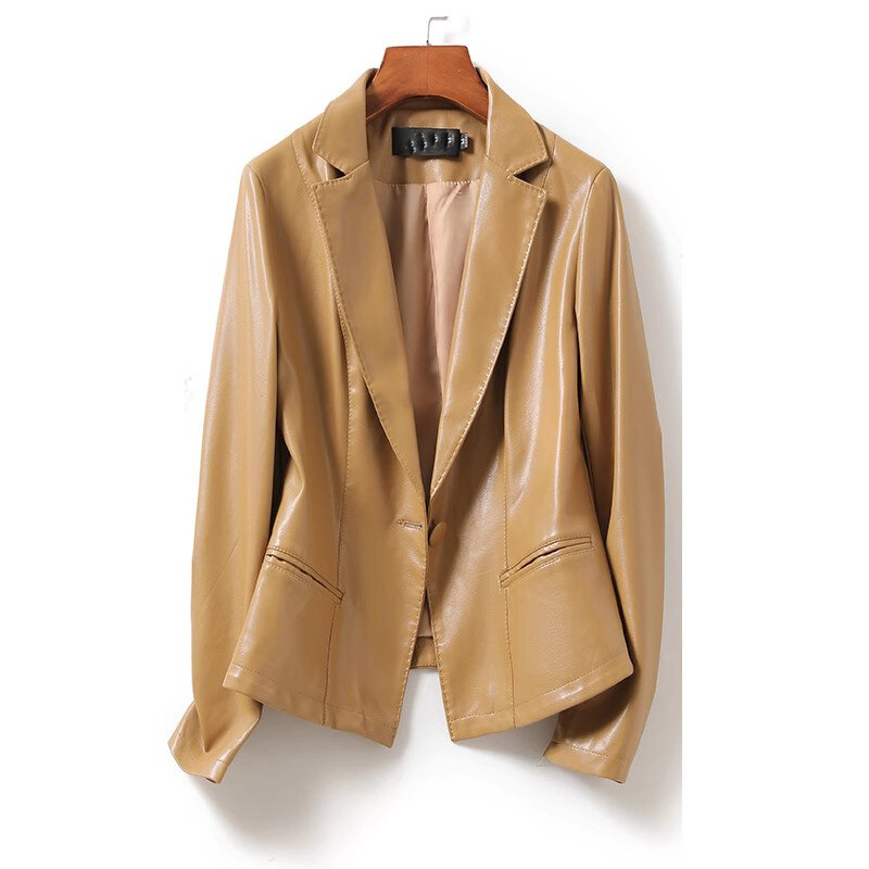 Женская кожаная куртка на пуговицах, однотонная приталенная офисная куртка из натуральной кожи с отложным воротником и карманами, 2023