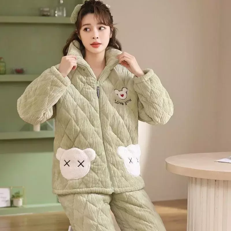 Winter Pajamas 2024 New Women Coral Velvet Sleepwear Three-layer Thicken Cotton Warm Loungewear Plush Female Casual Homewear Set