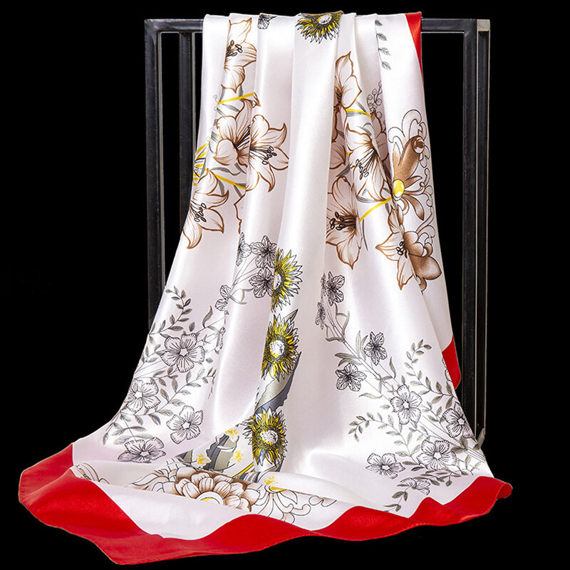 90*90cm Versatile Silk Scarf Women Shawl Floral Print Stoles Square Bandanna Kerchief Luxury Female Foulard Muffler Silk Scarve