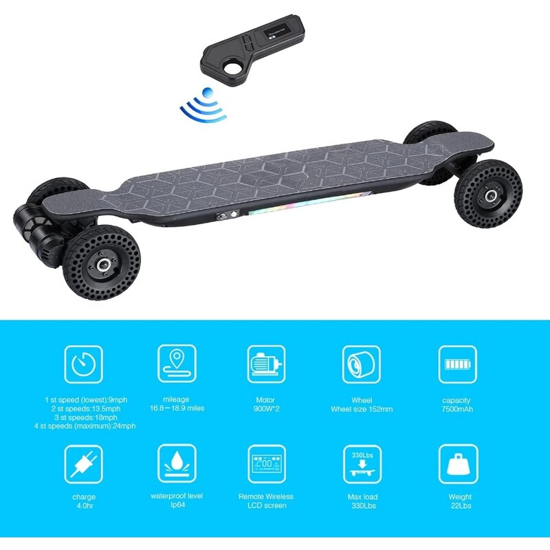 Skateboard elettrico con telecomando, doppio motore Brushless da 1800W, 24 MPH,18.6 miglia di autonomia, 4 velocità di regolazione E Longboard