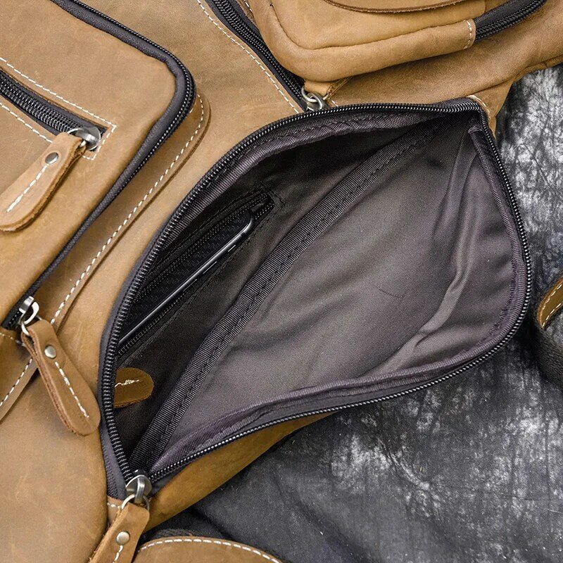 Tas dada besar untuk pria, tas selempang kulit kuda gila, tas olahraga luar ruangan, tas dada kasual kulit asli untuk pria