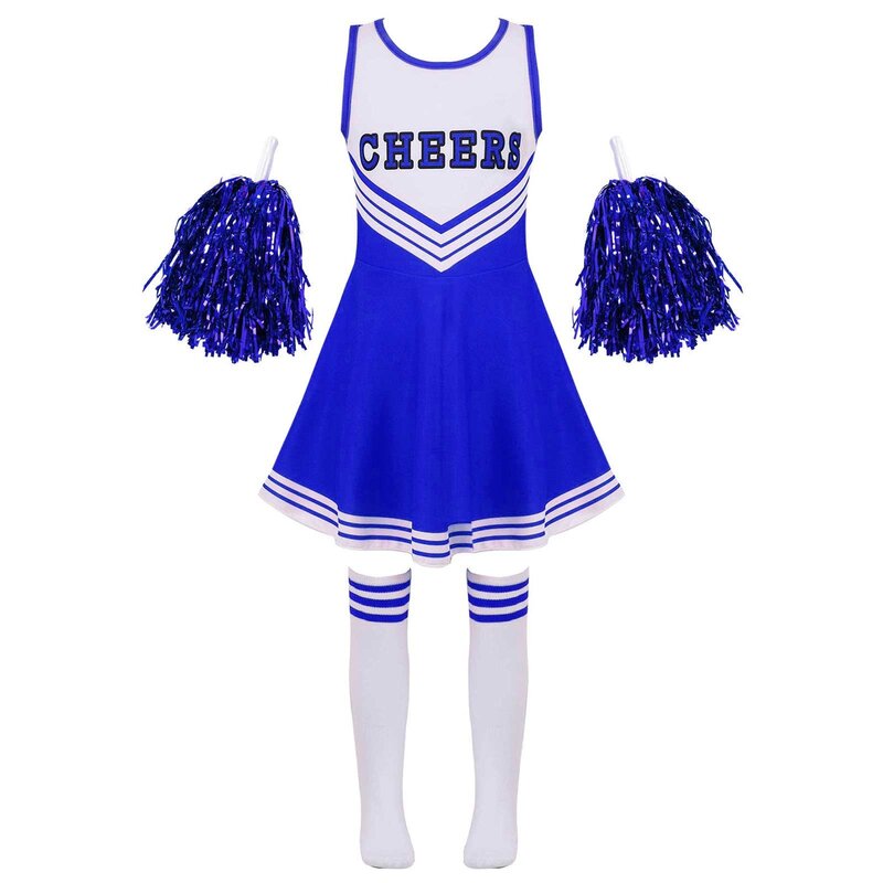 Girls Cheerleading Uniform Sleeveless Dance Costume Kids Cheerleader Outfit Round Neckline Letter Print Dress Flower and Socks