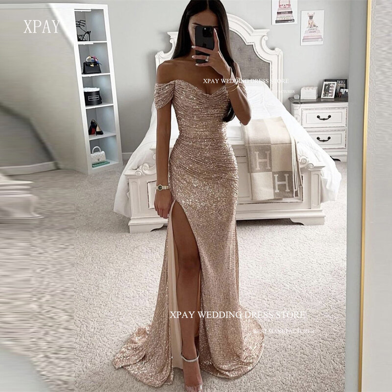 XPAY Glitter Blush Mermaid Prom Dresses Sparkly Off the Shoulder Sleeves Split Long Evening Gowns Party Wedding Dress Vestidos