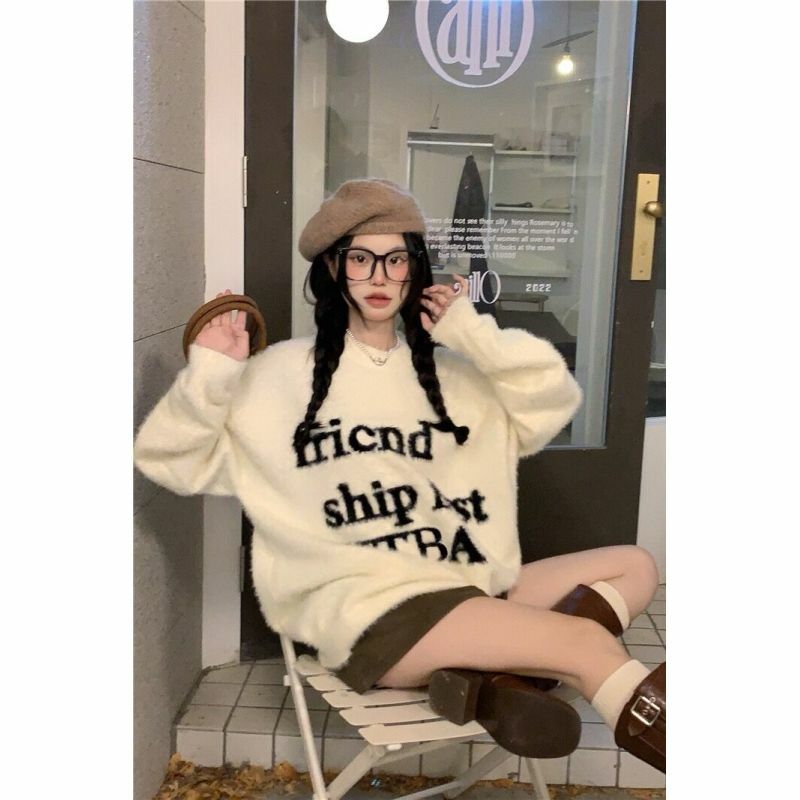 Jesień imitacja norki aksamitna sweter z napisem damska Retro amerykański styl długi rękaw moda sweter kobiety Trendy zima 2023