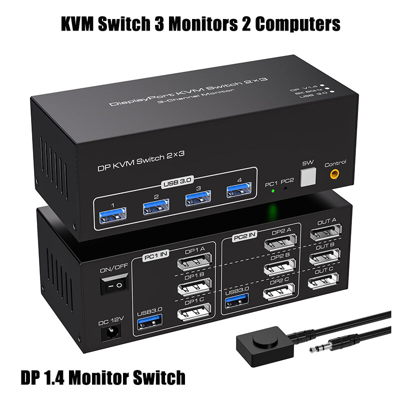 8K @ 60Hz DP KVM Switch 3จอภาพคอมพิวเตอร์2เครื่อง DisplayPort KVM สวิตช์ USB 3.0 KVM สวิตช์ DP สวิตช์มอนิเตอร์1.4สำหรับ2เครื่อง