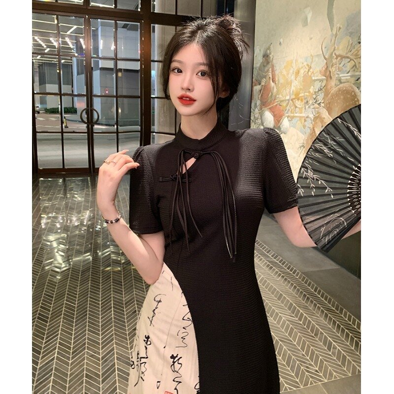 Nuovo stile cinese nazionale retrò senso di lusso irregolare calligrafia gonna moda Cheongsam due pezzi vestito gonna donna estate