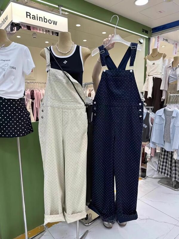 Calças femininas sem mangas com bolinhas de perna larga, calças compridas, macacão solto, macacão, bolsos femininos, moda de lazer coreana