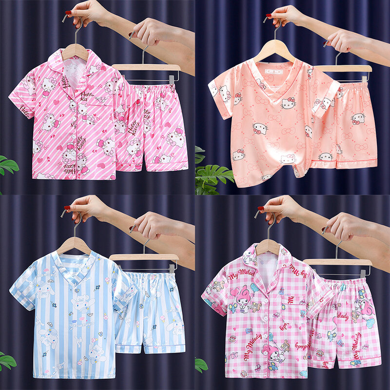 Anime Kuromi Children's Nightwear Sanrios Cinnamoroll Nightgown Milk Silk Short Sleeve Shorts Home Clothing Girls Boys Pajamas