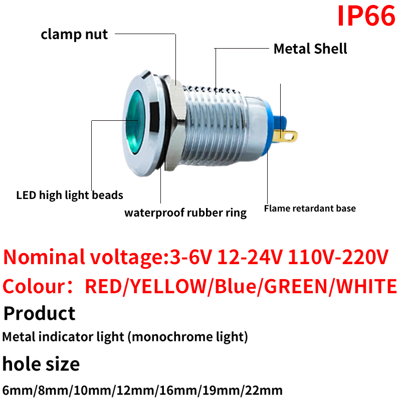 Luz indicadora de metal LED impermeável, lâmpada de sinal, fios conectar, latão, níquel, verde, vermelho, azul, 3-6V, 12-24V, 220V, 6mm