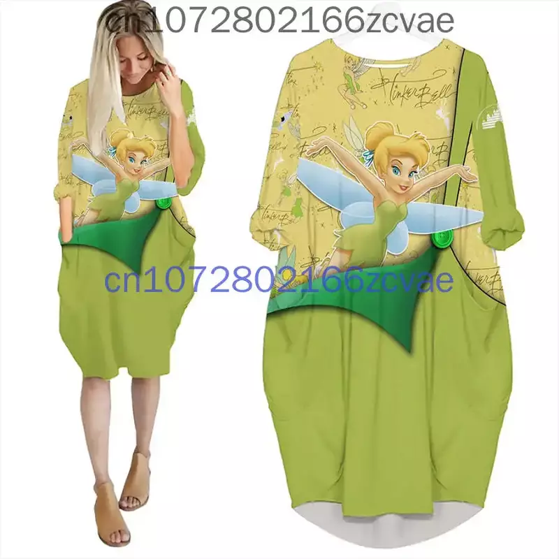 Tinker Bell Oversize Long Sleeves Pocket Dress Disney Cartoon Batwing Pocket Dress Women's Fashion Versatile Loose Party Dress