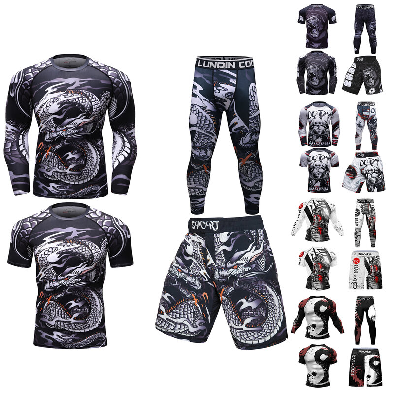 Top Selling Crazy Compression T-shirt Gym Sport MMA Rashguard Jiu Jitsu Fitness Quick-drying Tracksuit Men Adult Rash Guard Sets