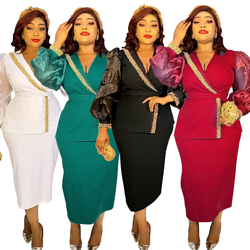 Vestido africano de manga longa Peplum Bodycon para mulheres, vestidos de festa elegantes, vestidos de noite decote V, roupas Dashiki Ankara, 2024