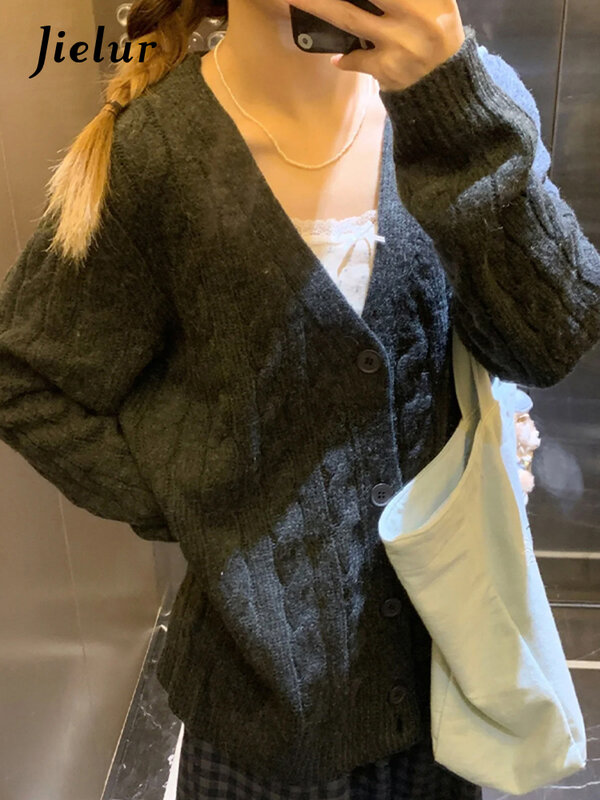 Jielur-Cardigã com decote em v solto feminino, suéter monocromático feminino, simples, stretch, casual, escritório, inverno