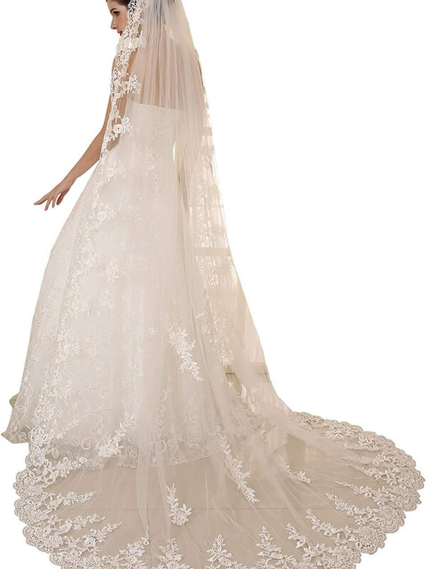 Women's Wedding Veils 1 Tier White Ivory 3M/4M/5M Lace Long Train Bridal Veil With Comb