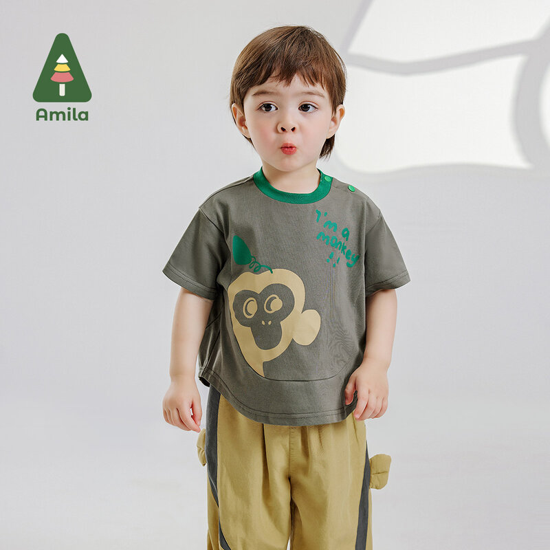 Amila 2024 Летний Новый комплект для маленьких мальчиков с рисунком обезьяны из хлопка с коротким рукавом + брюки детская одежда