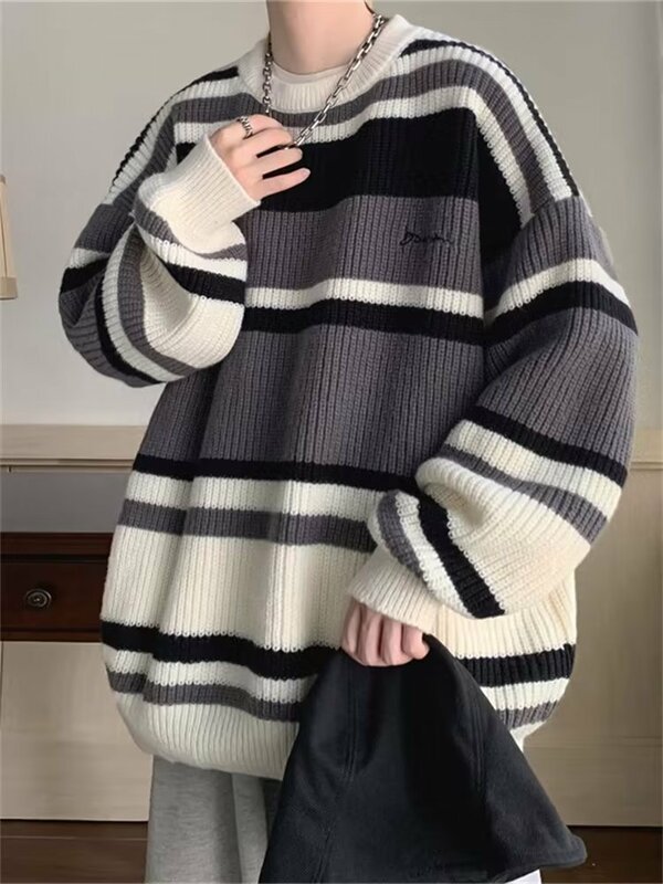 Vintage Stripes Contrast Bottom Sweater Sweater Autumn and Winter Thickened Fashion Brand Loose Knit Jacket