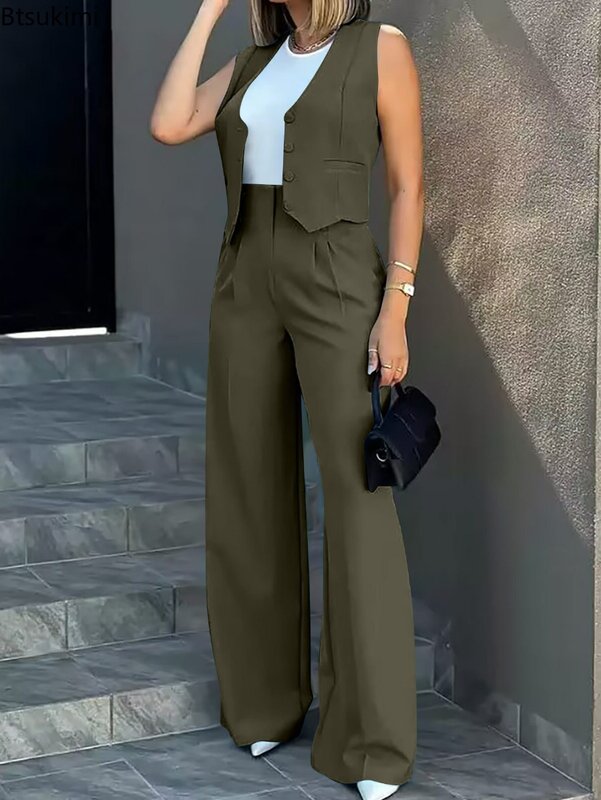 Conjunto de 2 pantalones de piezas para mujer, traje informal elegante de cintura alta y pierna ancha, color liso, novedad de verano 2024
