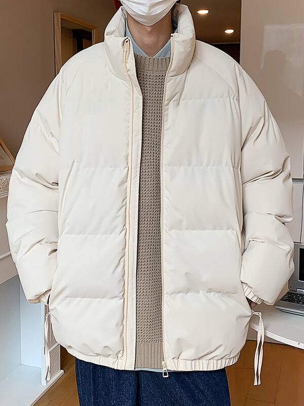 2023 New Winter Men Parka Coat Korean Fashion Stand Collar Zip Pockets Thick Warm Windbreaker Jacket Thermal Padded Coat Unisex