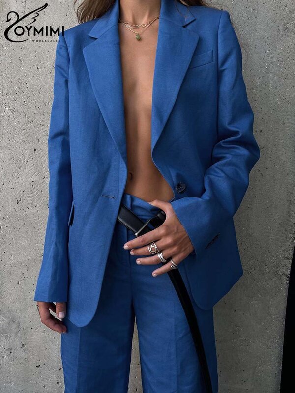 Oymimi-Ensemble élégant en coton bleu pour femme, chemise à manches longues, bouton unique, pantalon large monochrome, mode féminine, 2 pièces