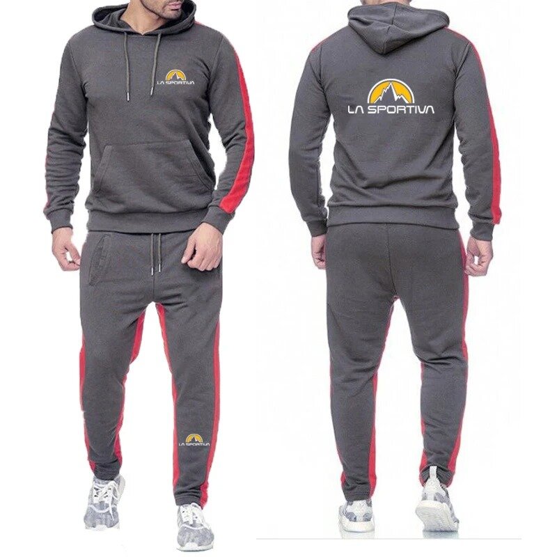 2024 hoodie bertudung katun populer gambar cetak Logo olahraga La Sportiva pria musim semi musim gugur + celana olahraga tali serut kasual warna Solid
