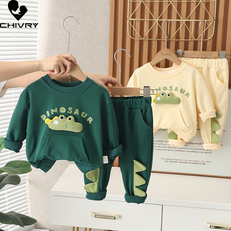 New 2023 Baby Boys Spring Autumn Fashion Cartoon Dinosaur Letter Round Neck Sweatshirt Tops with Pants Kids Casual Clothing Sets