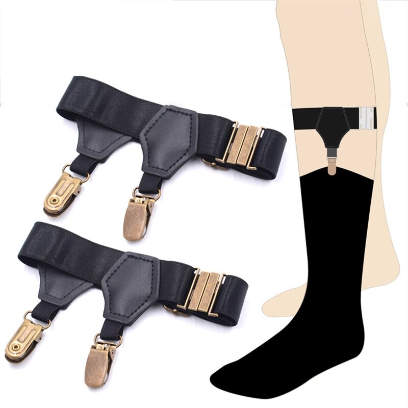 Calcetines negros para hombre y mujer, soporte con tirantes con doble Clips antideslizantes Metal duro, medias elásticas 1