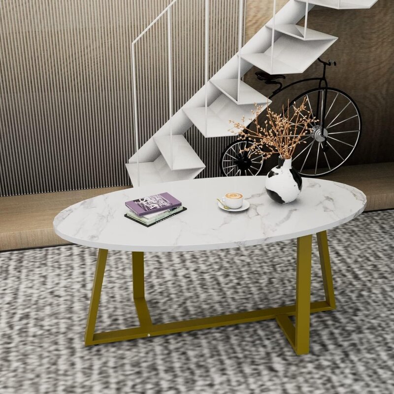 Stolik kawowy, owalny sztuczny marmurowy stolik kawowy, nowoczesny ze złota eliptyczny stolik boczny do salonu i kuchni, stoły kawowe