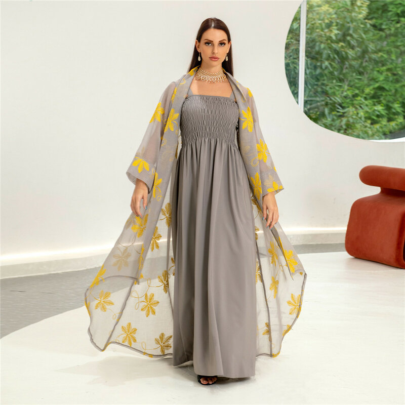 Robe de Dubaï en maille brodée pour femmes, ensemble 2 pièces assorties, kimono, abaya, bretelles, musulman, islamique, kaftan, Eid Ramadan Jalabiya