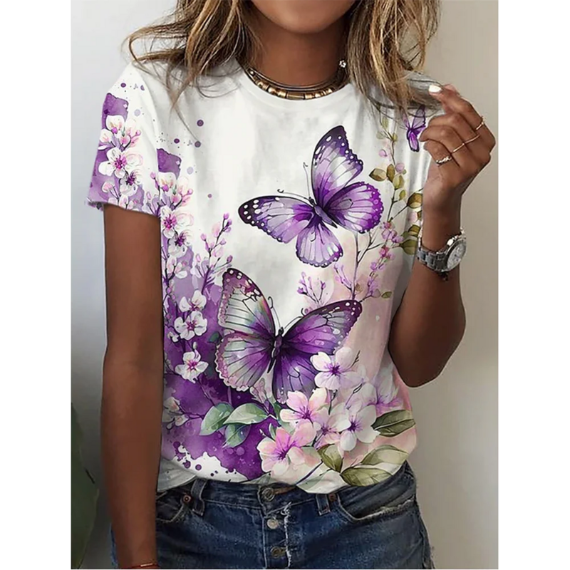 T-shirt manches courtes col rond femme, estival et à la mode, avec impression papillon en 3D, 2024