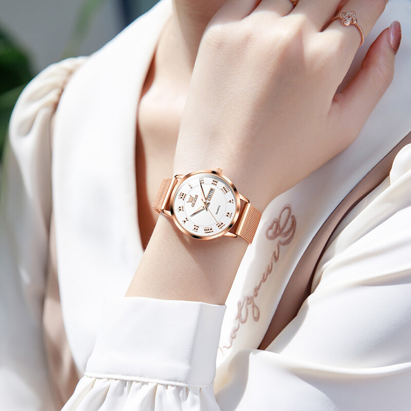 Zegarki damskie OLEVS lekkie luksusowe modne oryginalne kwarcowe damskie zegarki wodoodporna stal nierdzewna randki siateczkowy pasek tydzień